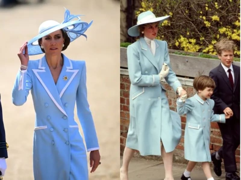 Kate Middleton in a light blue double-breasted coat dress and matching fascinator hat, next to Princess Diana in a light blue coat and wide-brim hat walking with two children.