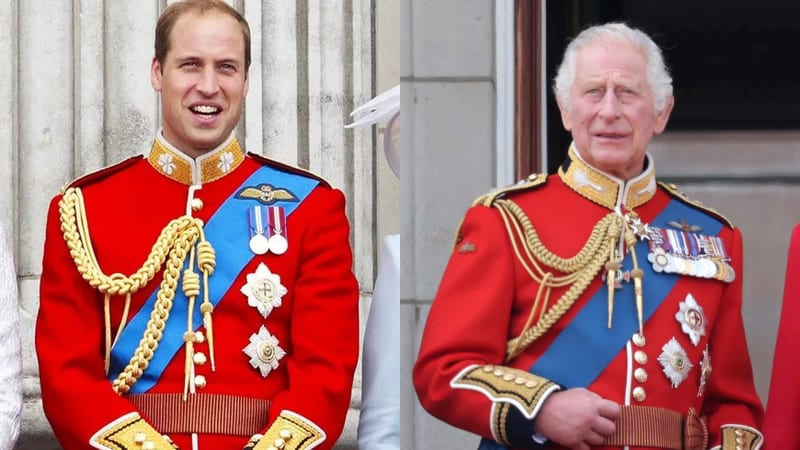 Prince William and King Charles III pictured side by side, both in red military ceremonial uniforms with gold epaulettes, blue sashes, and medals at Trooping the Colour.
