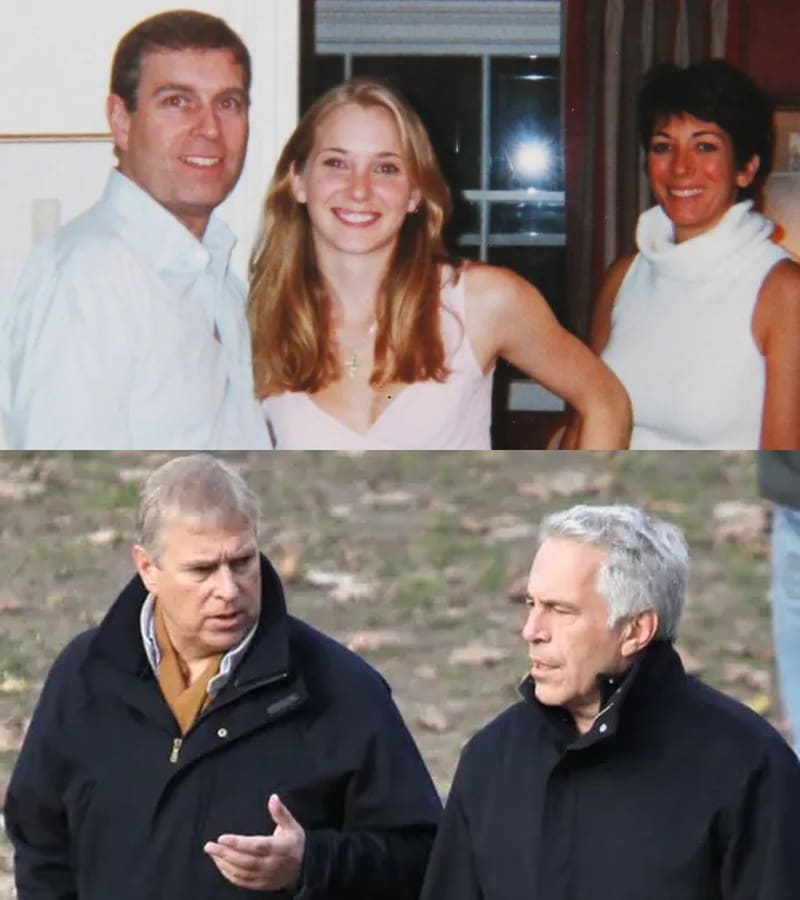 Top: Prince Andrew, Virginia Giuffre, and Ghislaine Maxwell (2001). Bottom: Prince Andrew with Jeffrey Epstein in Central Park (2010).