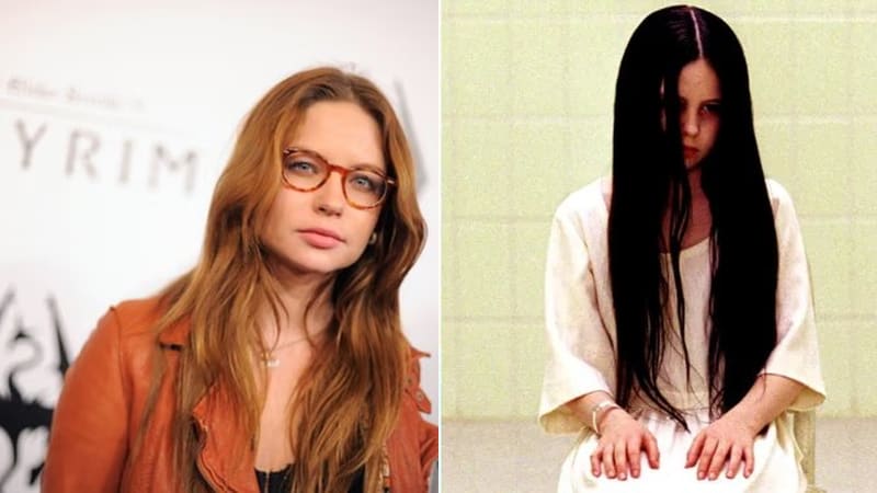Daveigh Chase pictured in a side-by-side with her as Samara in The Ring, wearing tortoiseshell glasses and a rust leather jacket on the left, and in character with long black hair covering her face on the right.