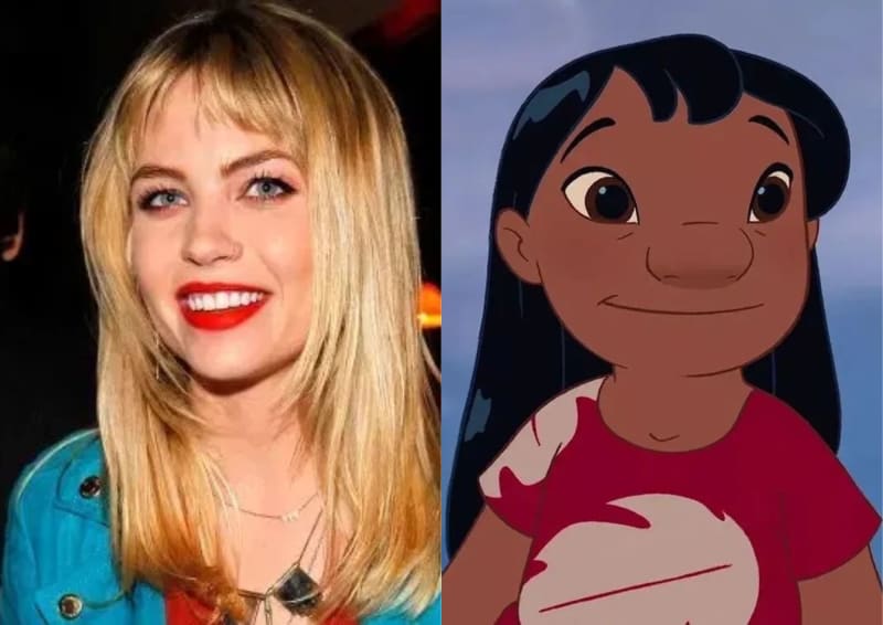 Daveigh Chase in a teal jacket with red lipstick, alongside an animated still of Lilo in a red printed shirt.