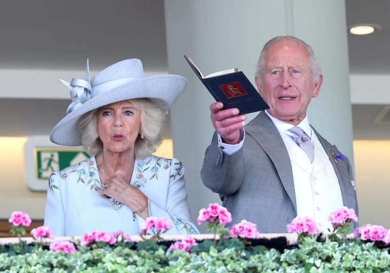 Queen Camilla and King Charles at a formal outdoor event, with pink flowers in the foreground and one holding a book.