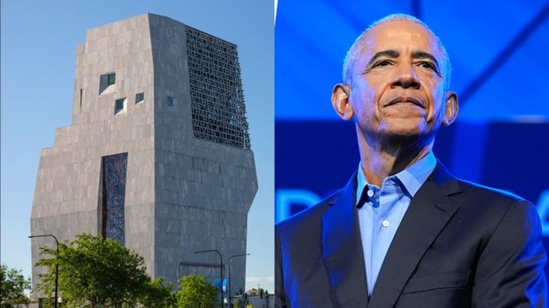 Split image showing a modern concrete tower building on the left and Barack Obama speaking on stage on the right.