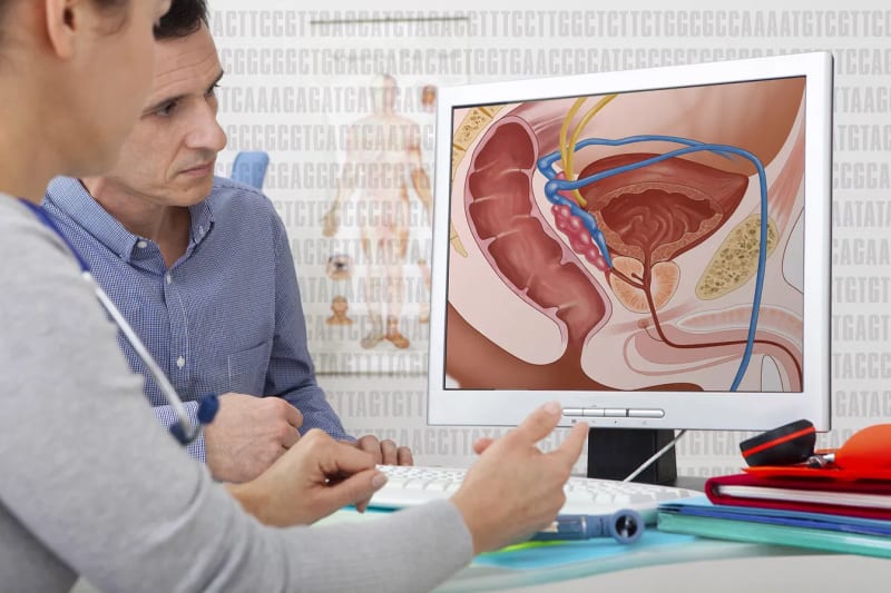 A doctor and patient looking at a computer monitor displaying a digital illustration of the male reproductive and urinary system, with a DNA sequence and anatomical chart visible on the wall behind them.