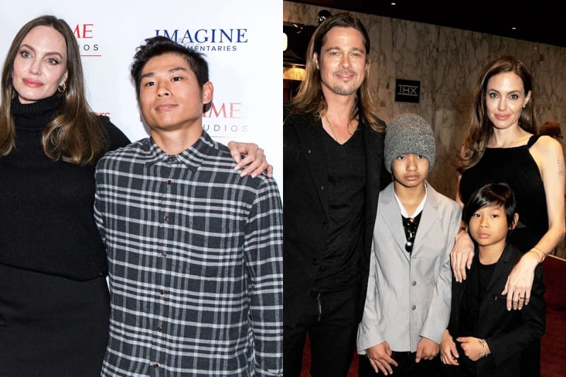 Angelina Jolie in a black turtleneck pictured side by side with a throwback photo of Brad Pitt, a young Pax, Maddox, and Angelina Jolie.
