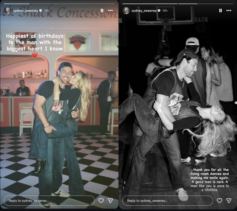 Screenshots of Sydney Sweeney's Instagram Stories showing her embracing Scooter Braun at a retro diner-style venue with a birthday message overlay.