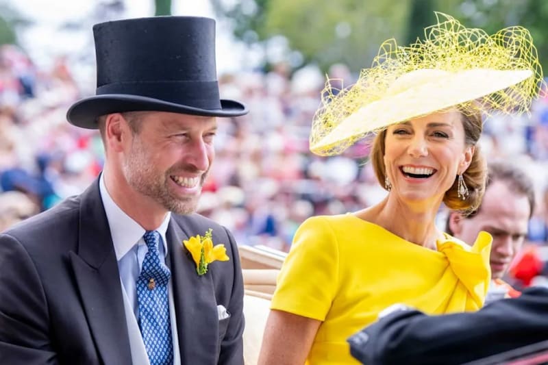 Prince William and Kate Middleton dressed in formal attire at an outdoor event, with Kate wearing a striking yellow outfit and hat and William in a suit and top hat