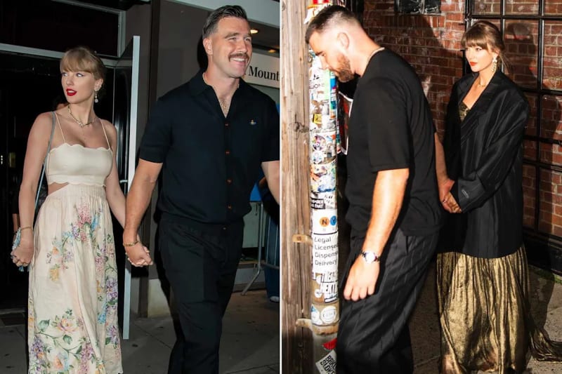 Taylor Swift and Travis Kelce pictured in a side-by-side composite, Swift in a floral maxi dress on the left and a black coat with a gold skirt on the right, holding hands with Kelce in both photos.
