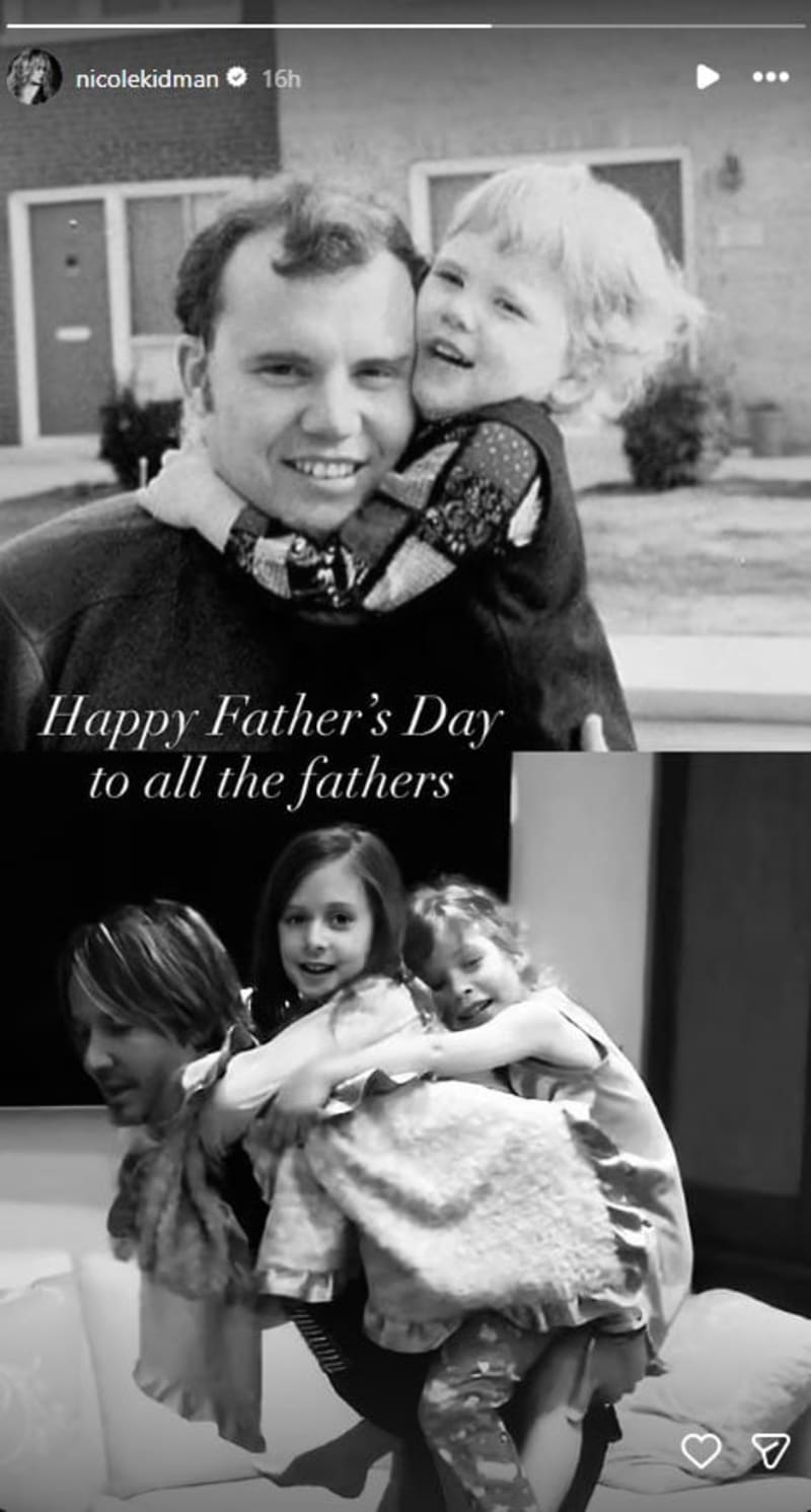 An Instagram Story posted by Nicole Kidman featuring two black-and-white photos — a vintage image of a young Nicole as a toddler with her father, and a candid photo of Keith Urban holding their two young daughters, with the text "Happy Father's Day to all the fathers."