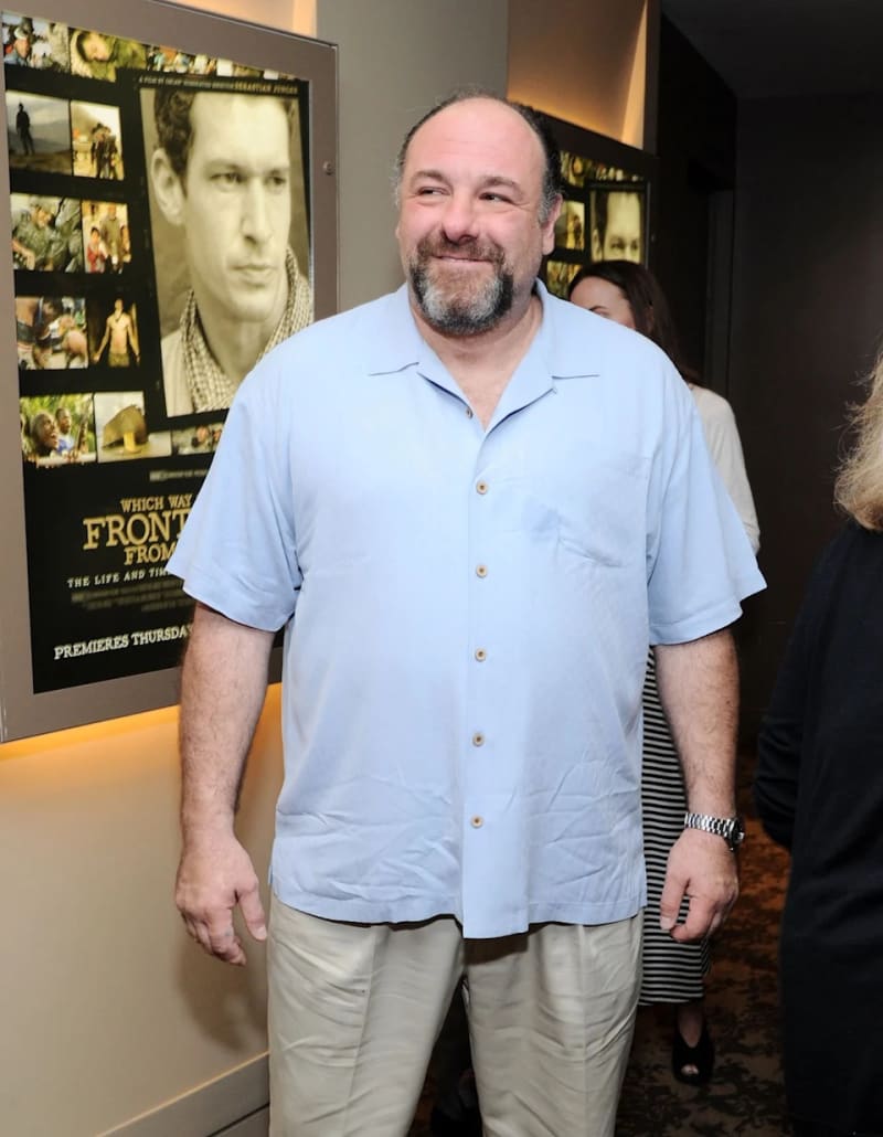 A bearded man in a light blue shirt stands at what appears to be a film premiere or event, with a movie poster visible behind him.