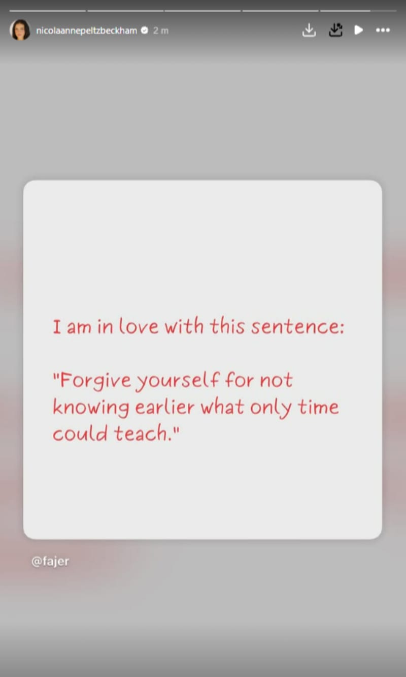 Instagram post by nicolaannepetelzbeckham sharing a quote about self-forgiveness in red text on a white background.