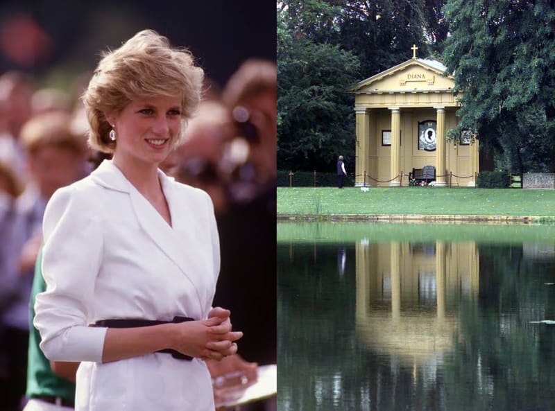 A woman in a white blazer dress with a black belt, alongside a yellow neoclassical memorial building bearing the name Diana, reflected in a lake on the grounds of Althorp Estate.