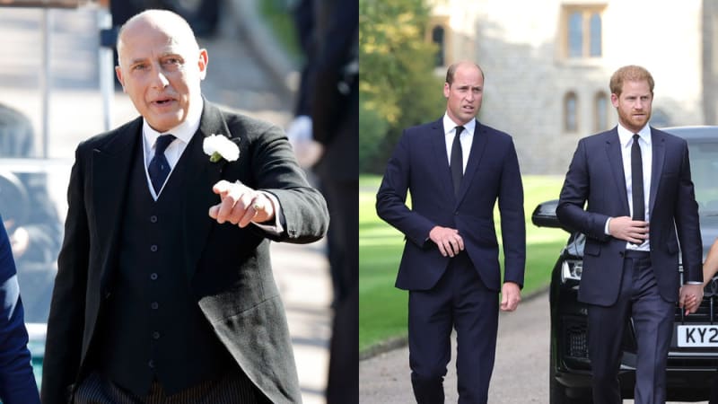 A bald older man in a dark morning suit with a white boutonnière gestures outward, alongside two men in matching navy suits and blue ties walking down steps outdoors.