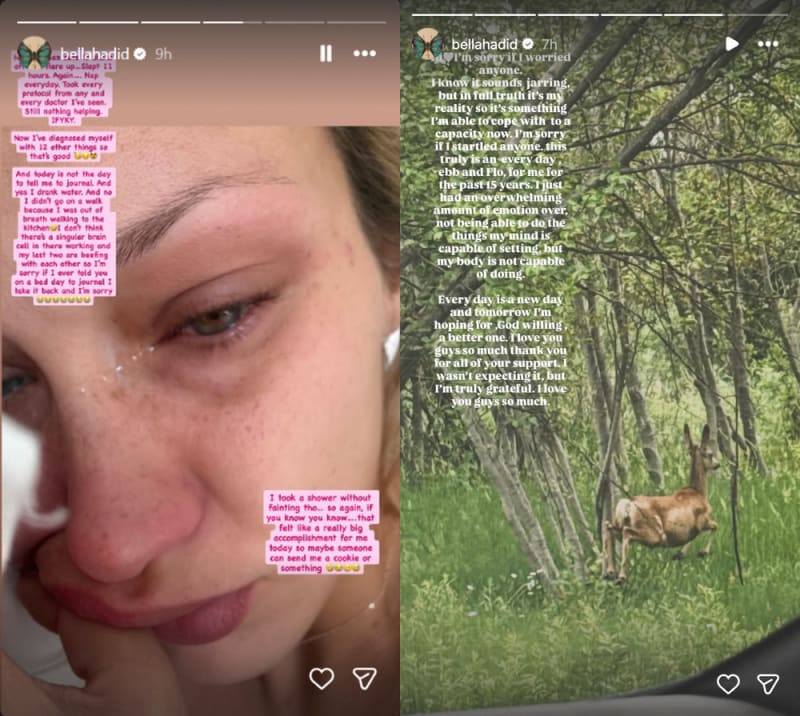 Two Instagram Stories screenshots side by side — the left showing a close-up of a tearful woman's face with text overlay, the right showing a deer in a woodland setting with a lengthy text message overlaid.