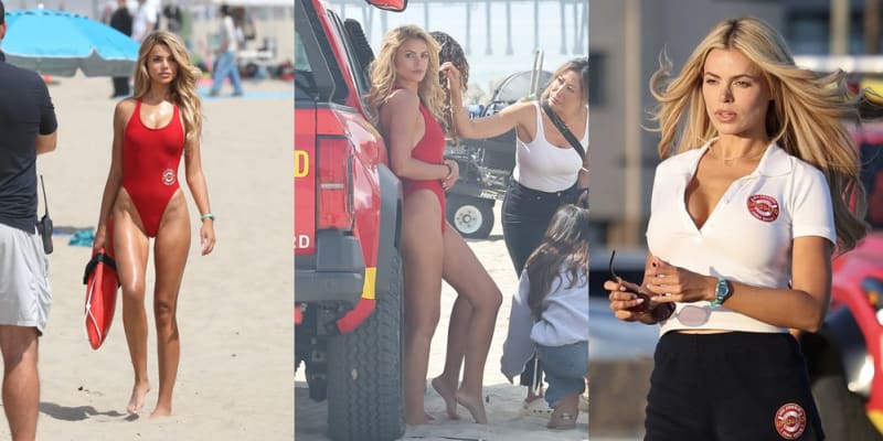 A woman in a red lifeguard swimsuit on a beach film set, shown in three different shots.