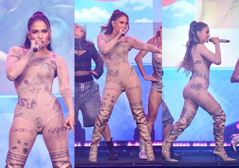 A woman in a sheer crystal-embellished bodysuit and tattoo-print thigh-high boots performs on stage with backup dancers in three different shots.