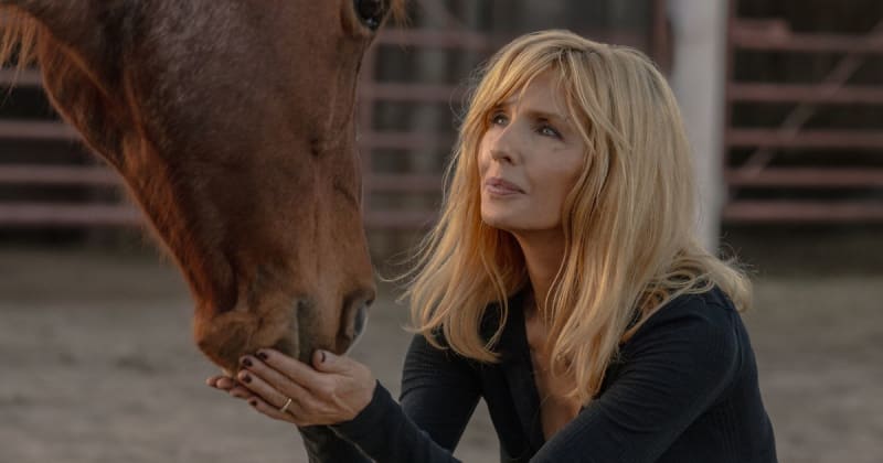 A woman with blonde hair in dark clothing gently touches the face of a brown horse in a stable setting.