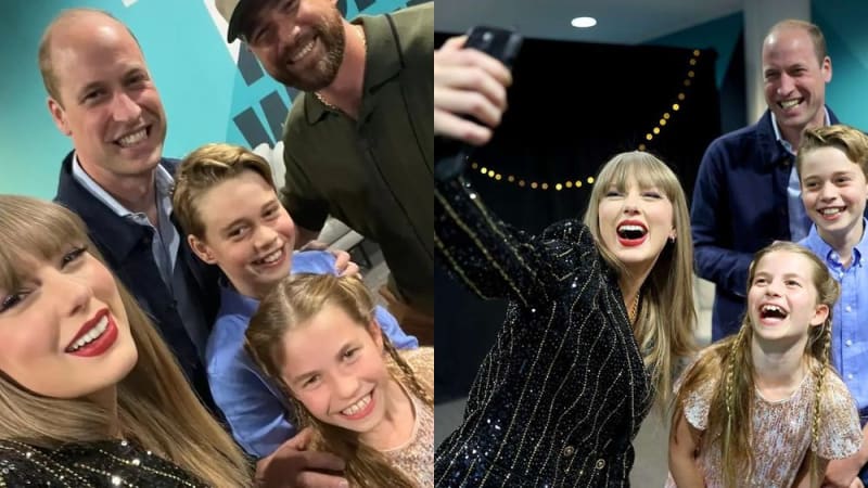 Two side-by-side selfie photos of a woman with red lipstick and long blonde hair, a bald man in a navy jacket, a boy in a blue shirt and a girl in a sparkly dress, with a bearded man in a cap and green polo joining in the left-hand image.