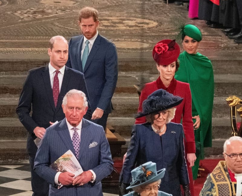 Members of the British Royal Family attending a formal ceremony, dressed in formal attire and ceremonial dress.
