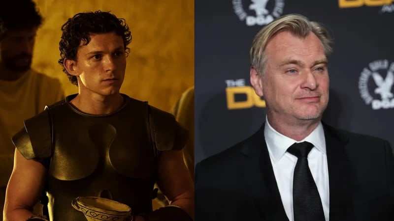 Side-by-side comparison of an actor in character wearing ancient Roman armor and at a formal event in a suit and tie.