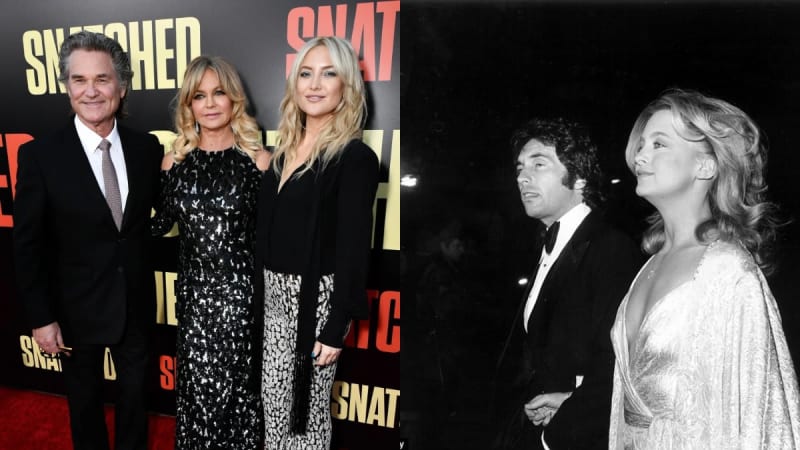 Left panel: An older man in a dark suit and tie stands with two blonde women in sequined and patterned formal outfits on a red carpet in front of a 'Snatched' movie backdrop; right panel: a black-and-white photo of a man in a tuxedo standing beside a woman in a flowing light-colored gown at a formal event.