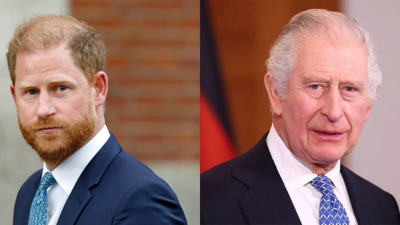 On the left, a red-haired man with a beard wearing a navy suit and blue patterned tie stands outdoors in front of a brick wall; on the right, an older white-haired man in a dark suit with a blue patterned tie speaks in front of a blurred red and dark backdrop.