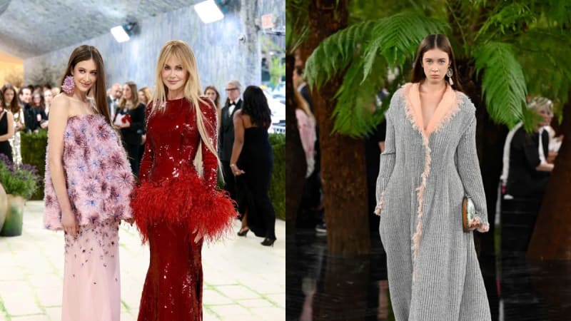 On the left, two women pose together on a white carpet, one wearing a strapless pink floral feathered gown and the other in a red sequined long-sleeve gown with red feather hem, against a rocky floral backdrop with a crowd behind them; on the right, a young woman with long dark hair walks a rain-soaked outdoor runway in a grey ribbed long cardigan-style gown with peach fringe trim, holding a small clutch, with large fern trees in the background.