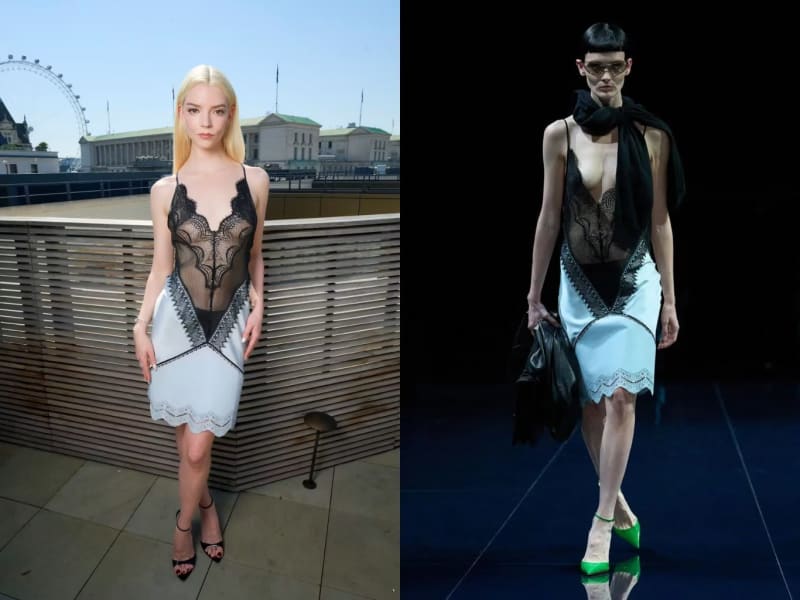 Left panel: a blonde woman in a white and black lace slip dress with spaghetti straps and scalloped hem, standing on a rooftop terrace with the London Eye visible in the background; right panel: a runway model in the same white and black lace slip dress with a black scarf draped around her neck and green heels, walking a darkened catwalk.