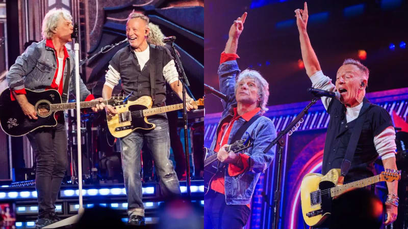 Two men performing on stage with electric and acoustic guitars under bright stage lighting, both wearing jeans and layered tops, with one raising his arm toward the crowd in the right panel.