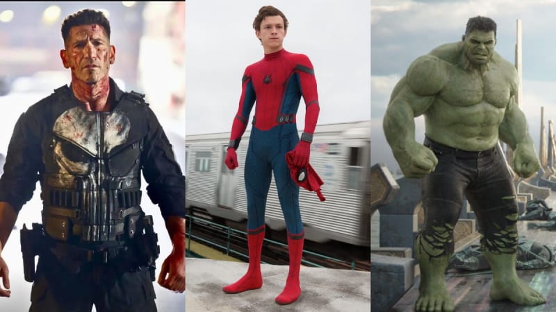 Three-panel side-by-side image showing, left to right: a bloodied man in a black tactical vest with a skull emblem standing against a dark backdrop, a young man in a red and blue full-body Spider-Man suit holding his mask while standing near a subway train, and a large CGI green muscular figure in torn grey pants standing on a rooftop set.