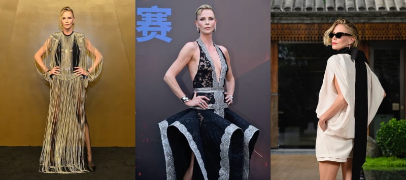 A woman in a black gown with a gold fringe cape posing with hands on hips against a gold backdrop; the same woman in a deep V-neck black lace and silver embroidered ballgown posing with hands on hips in front of a Chinese character backdrop; the same woman in a white mini dress with a dramatic black and white cape wearing dark sunglasses, photographed outdoors near a traditional building.