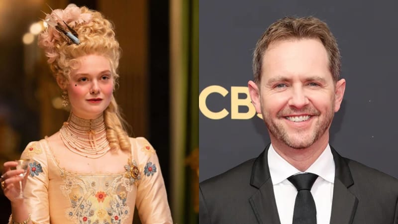 On the left, a young woman in an elaborate period costume with an ornate upswept blonde wig adorned with feathers and flowers, wearing layered pearl necklaces and holding a wine glass; on the right, a middle-aged man with short brown hair and a short beard wearing a black suit and black tie, smiling in front of a CBS backdrop.