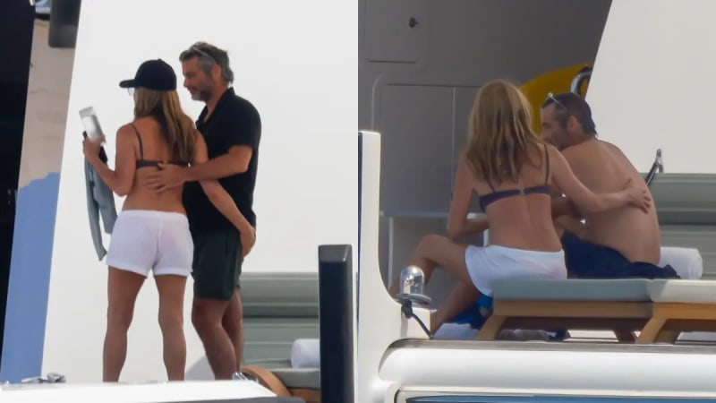 Left panel: a woman in a dark bikini top, white shorts, and black cap embracing a man in a black shirt and dark shorts on a yacht deck; right panel: the same woman and man, now shirtless, sitting closely together on a lounge chair on the yacht.