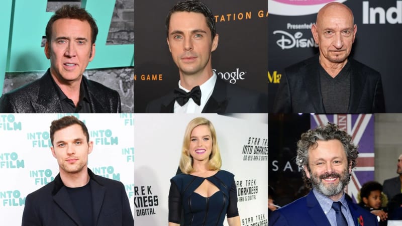 A grid of six celebrity headshots: top row left to right, a middle-aged man in a black sparkly blazer at a green-backdrop event, a dark-haired man in a tuxedo at a black event backdrop, and a bald older man in a dark suit jacket; bottom row left to right, a young dark-haired man in a black jacket at an Into Film backdrop, a blonde woman in a dark structured dress at a Star Trek Into Darkness event backdrop, and a curly-haired bearded man in a blue suit at a Union Jack-themed backdrop.