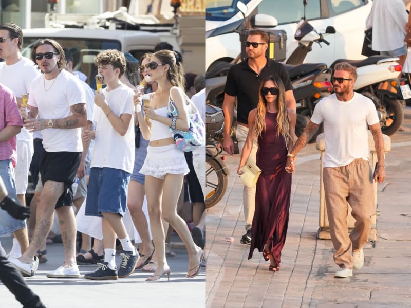 On the left, a tattooed man in a white t-shirt and black shorts walks alongside a teenage boy in a denim skirt and a woman in a white crop top and white mini skirt eating ice cream on a busy street; on the right, a woman in a long burgundy satin dress holds hands with a man in a white t-shirt and beige trousers as they walk along a paved waterfront area.