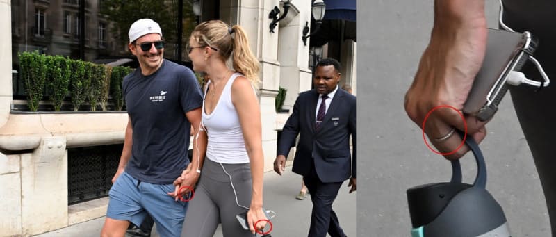 A man wearing a white cap, sunglasses, navy t-shirt, and blue shorts walks alongside a blonde woman in a white tank top and grey leggings on a city street, with a man in a dark suit visible behind them and red circles highlighting their hands; the right panel shows a close-up of a hand gripping a bag handle with a ring circled in red.