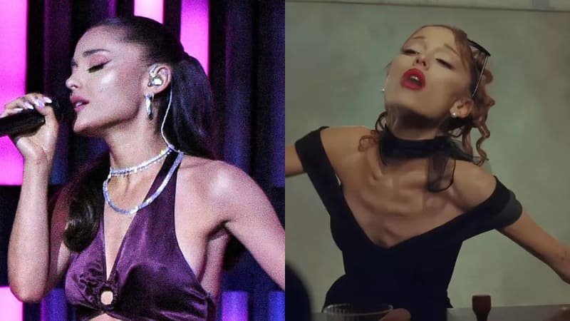 Left panel: a woman with a dark ponytail wearing a purple satin halter top and diamond choker necklace, holding a microphone on a pink-lit stage; right panel: the same woman with curly auburn hair and sunglasses pushed up, wearing a black off-shoulder dress, leaning back dramatically at a table.