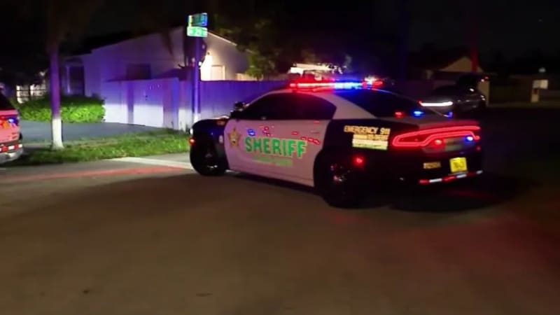 A Sheriff's department patrol car with red and blue lights activated parked on a residential street at night, with houses and trees visible in the background.
