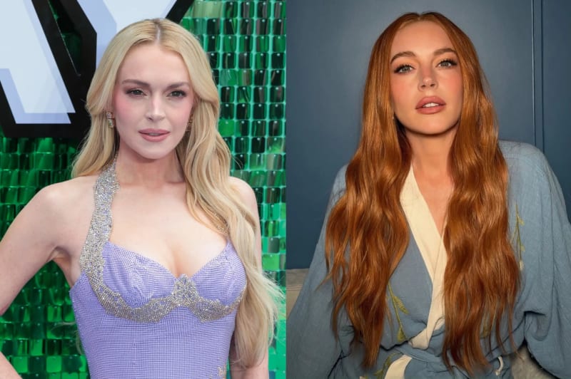 Two side-by-side photos of the same woman: on the left, she has long blonde wavy hair and wears a lavender and silver embellished halter gown in front of a green sequined backdrop; on the right, she has long auburn-red wavy hair and wears a blue robe, seated against a grey-blue background.