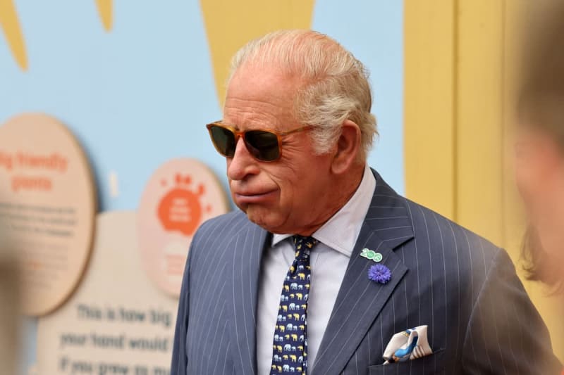 An elderly man wearing sunglasses, a pinstriped suit, and a patterned tie at a formal event with a blue and yellow background.