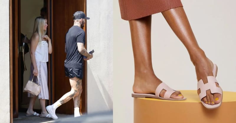 Left panel: a blonde woman in a white lace-trim top, pale pink midi skirt, and white flat sandals carrying a small beige handbag, standing in a doorway next to a tattooed man in a black t-shirt, black shorts, and a grey cap; right panel: a close-up of a woman's legs wearing blush pink H-strap flat slide sandals with yellow toenails, standing on a yellow platform against a neutral background.