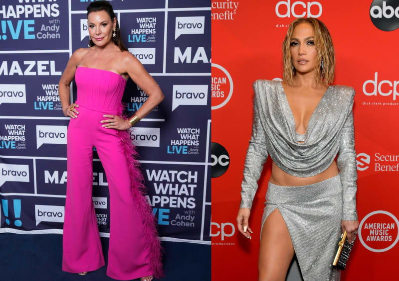 On the left, a woman in a strapless hot pink jumpsuit with feather trim stands with one hand on her hip in front of a Bravo 'Watch What Happens Live' step-and-repeat backdrop; on the right, a woman in a silver rhinestone deep-V crop top and high-slit skirt poses holding a clutch in front of a red American Music Awards step-and-repeat backdrop.
