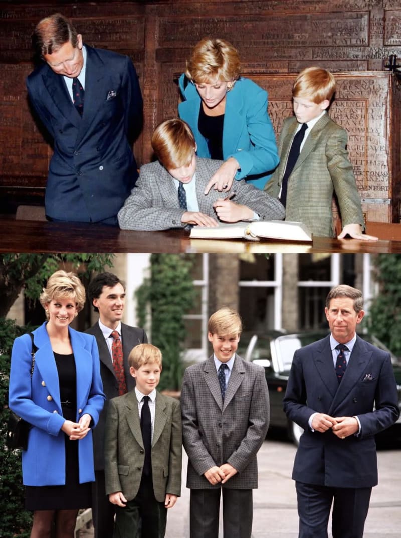 Top panel: A man in a dark suit and a woman in a teal blazer lean over a boy in a checked blazer who is signing an open book at a wooden desk, while another boy in a checked jacket stands to the right in a wood-panelled room. Bottom panel: A woman in a blue double-breasted coat, a man in a dark suit with a red tie, two boys in blazers and ties, and a man in a dark navy suit stand together outdoors in front of an ivy-covered stone building.