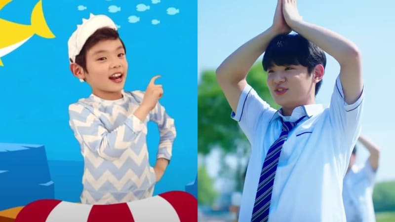 Two young children in different settings: one wearing a white cap and patterned shirt against a blue background, another in school uniform outdoors.