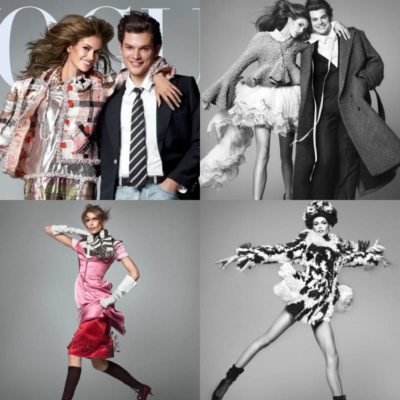 Four-panel fashion shoot: top left, a woman in a metallic plaid jacket and a young man in a suit and tie pose together against a gray background with the Vogue logo visible; top right, a black-and-white image of the same woman in a ruffled mini skirt and the young man in an oversized coat, embracing; bottom left, the woman alone in a pink dress with a red skirt overlay, white gloves, and dark knee-high boots, mid-stride against a gray background; bottom right, a black-and-white image of the woman in a feathered black-and-white mini dress and fur hat, arms outstretched in a wide stance.