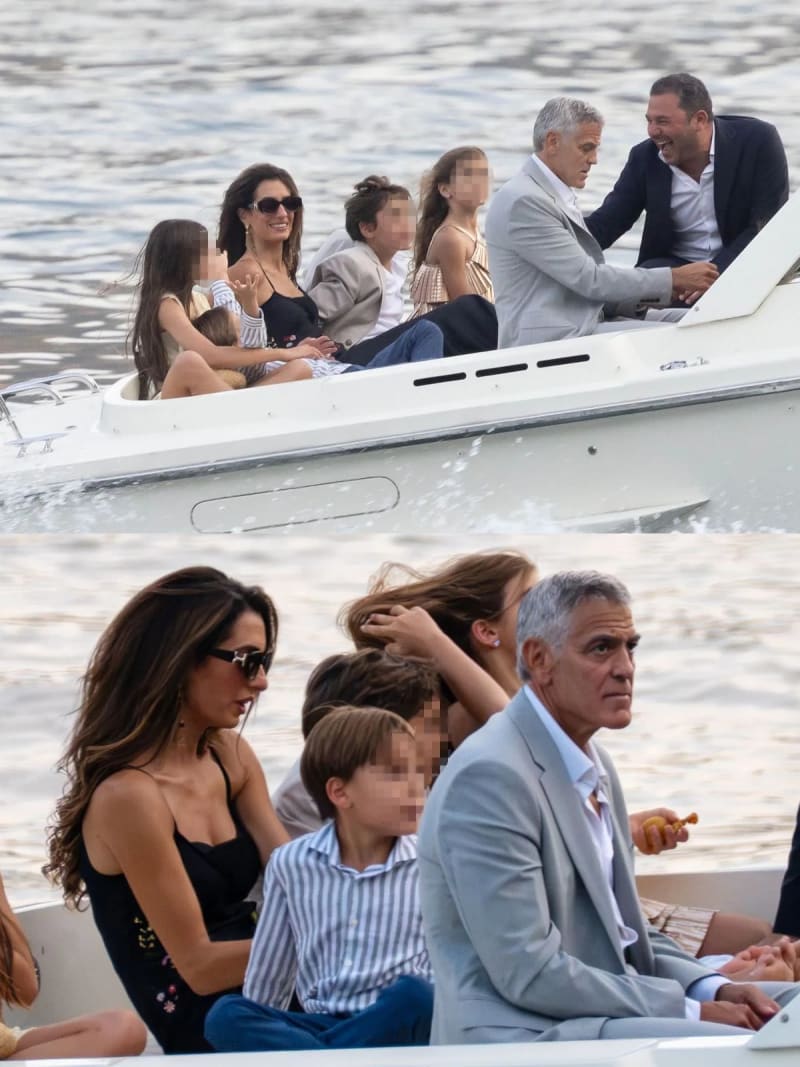 Top panel: A woman in a black dress and a man in a light gray suit sit in a white motorboat on open water with several children and a man in a dark blazer, all smiling and conversing; bottom panel: the same woman in a black dress and man in a light gray suit sit closely together on a boat with children between them, water visible in the background.
