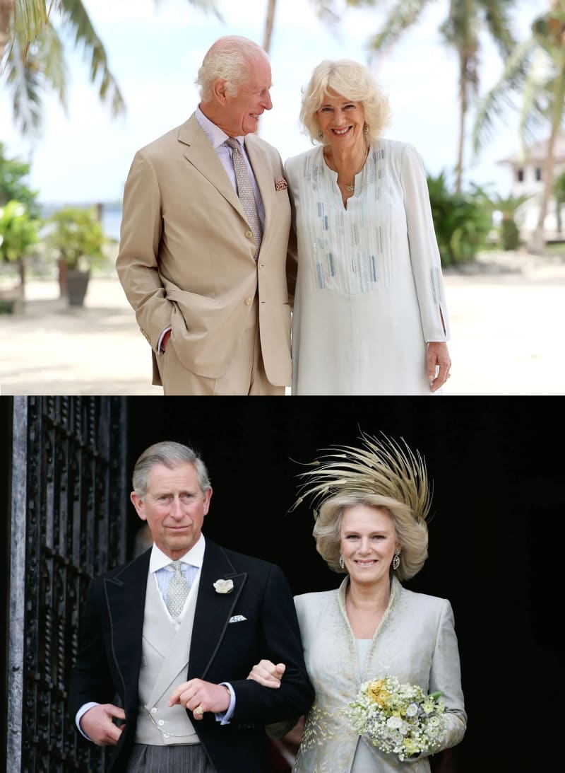 Top panel: An older man in a beige suit and a woman in a white embroidered long dress stand together outdoors among palm trees near a beach, looking at each other. Bottom panel: A middle-aged man in a morning coat and a woman in a pale grey suit with a dramatic feathered hat holding a bouquet pose together in a darkened doorway.