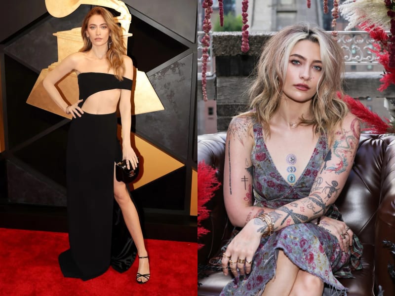 Left panel: a woman with long auburn hair wearing a black cutout strapless gown holding a small clutch, posing in front of a geometric black and gold Grammy backdrop; right panel: the same woman with blonde hair, visible full-sleeve tattoos on both arms and chest, wearing a floral low-cut dress, seated on a leather couch on an outdoor terrace decorated with hanging floral arrangements.