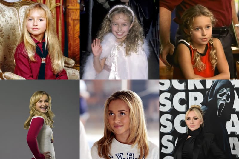 A six-panel grid showing a blonde girl and young woman at various ages: top left, a young girl in a red blazer seated in an ornate chair; top center, a curly-haired girl in a white feathered outfit waving at an event; top right, a girl with braided hair in a red sleeveless top; bottom left, a teenage girl in a gray and red outfit posing against a gray background; bottom center, a teenage girl in a white varsity sweatshirt with straight blonde hair; bottom right, an adult woman in a black outfit standing in front of a Scream movie backdrop.