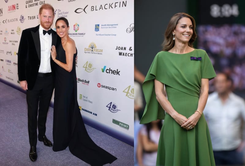 On the left, a man in a black tuxedo stands with his arm around a woman in a black sleeveless gown in front of a sponsor backdrop; on the right, a woman in a green cape-style dress with a brooch stands smiling with hands clasped in an arena setting.